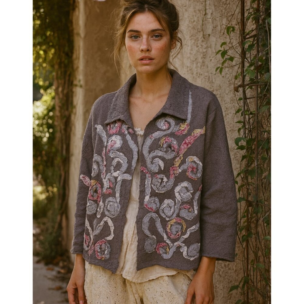 Vintage FANTAZIA Jacket Crinkle Blouse Top Art-to-Wear Applique size L Artsy